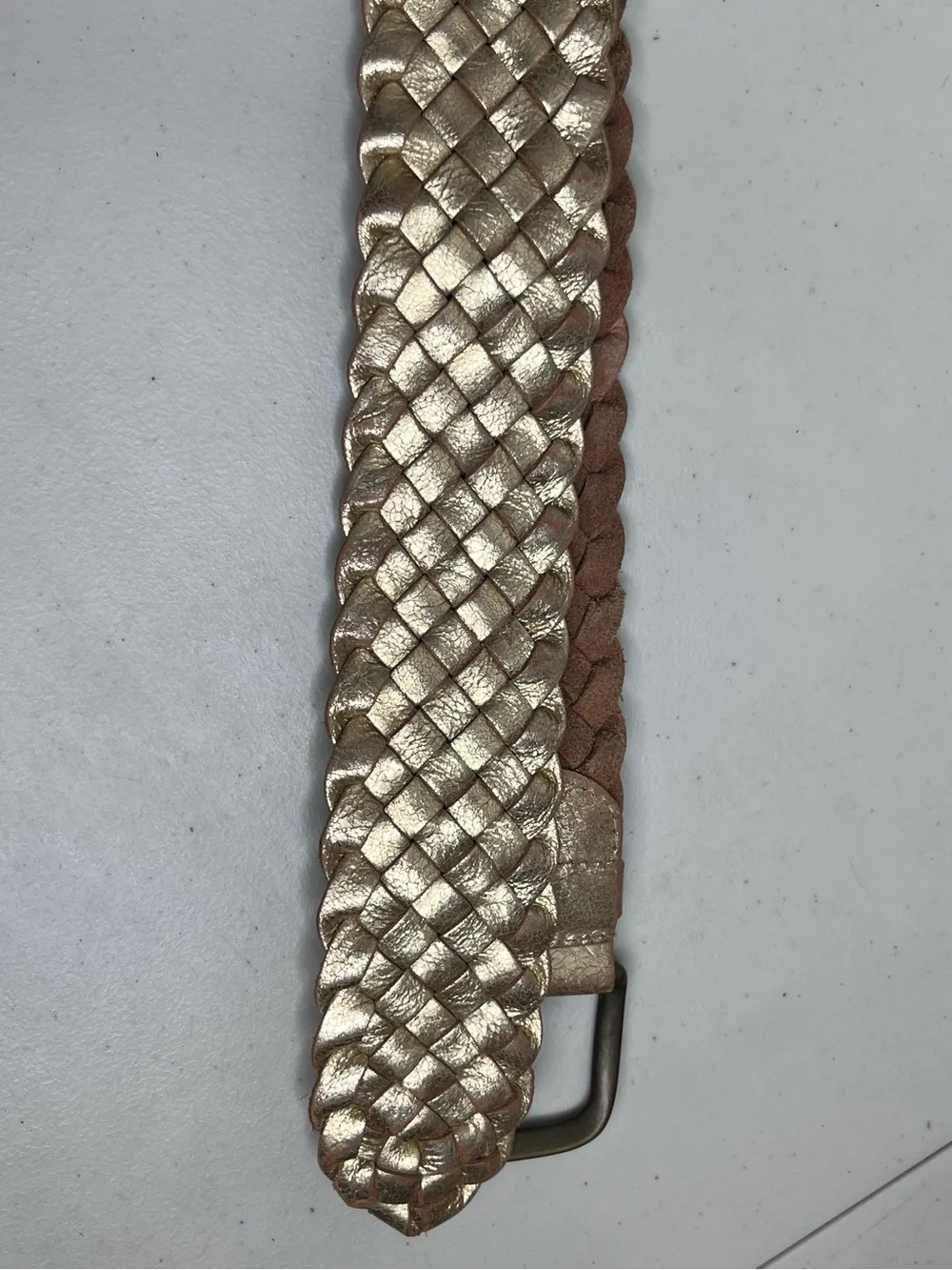 Fossil Metallic Gold Genuine Leather Woven Braided Boho Brass Buckle Belt Sz S